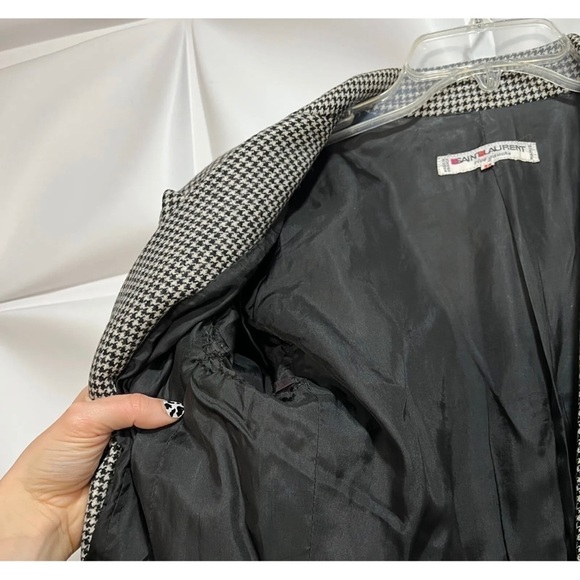 Vintage Saint Laurent 38 Women Sz 6 Black Houndstooth Wool Jacket Skirt Suit Set - Picture 7 of 16